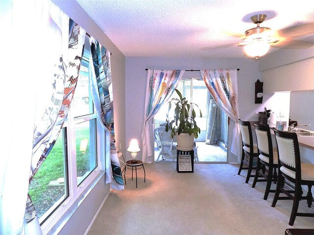 carpeted dining area with a textured ceiling, ceiling fan, and a healthy amount of sunlight