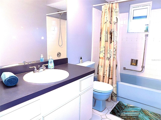 full bathroom featuring tile patterned floors, vanity, shower / tub combo, and toilet