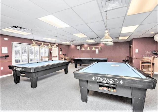 playroom with carpet flooring, a drop ceiling, and pool table