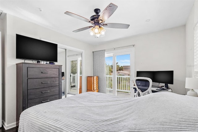 bedroom with ceiling fan and access to exterior