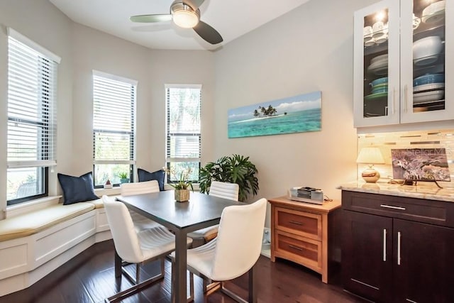 dining room featuring ceiling fan and dark wood-type flooring