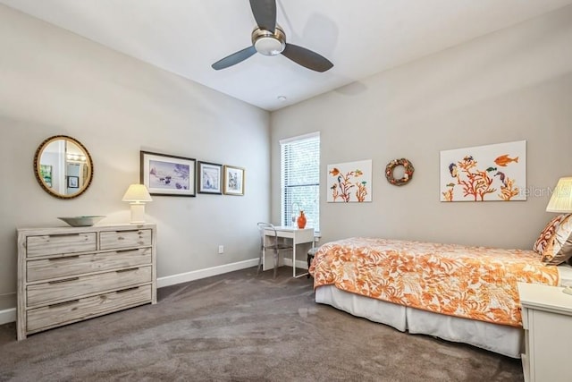 bedroom with ceiling fan and dark carpet