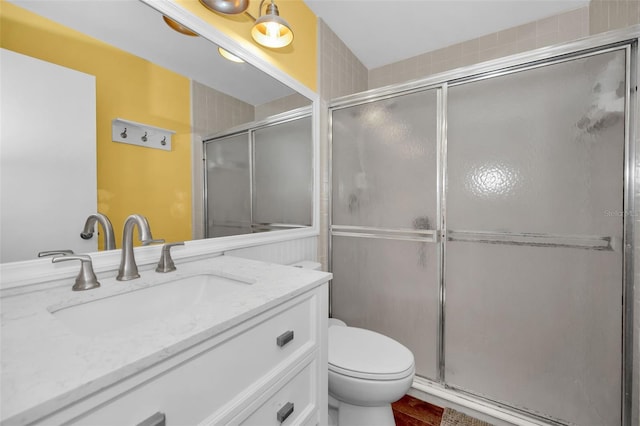 bathroom with vanity, toilet, and a shower with door