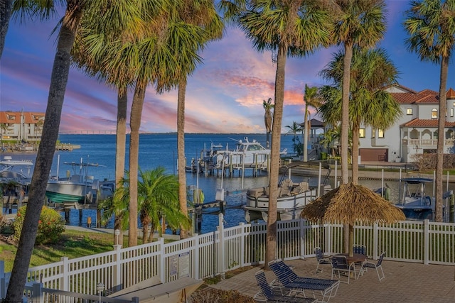 water view featuring a dock