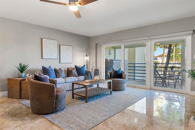 living room featuring ceiling fan