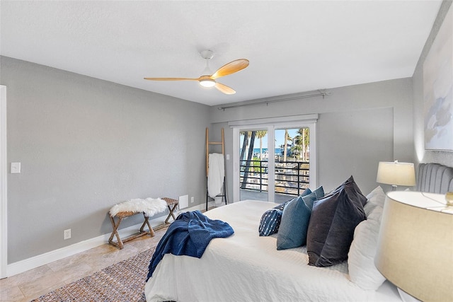 bedroom featuring access to outside and ceiling fan