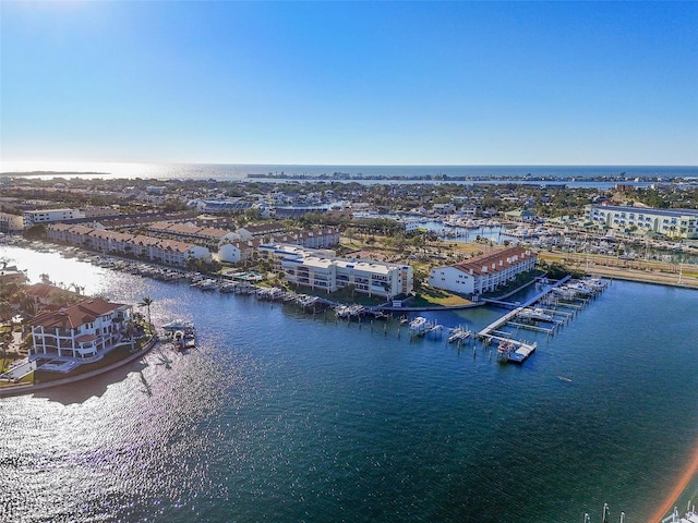 drone / aerial view with a water view