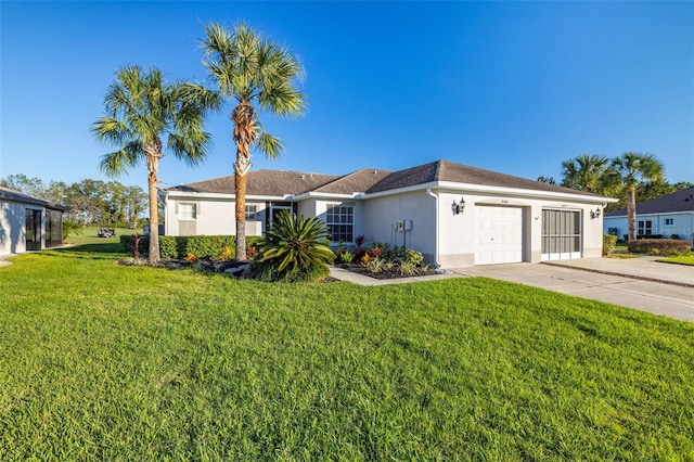 single story home with a garage and a front yard