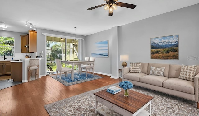 living room featuring wood-type flooring and ceiling fan with notable chandelier