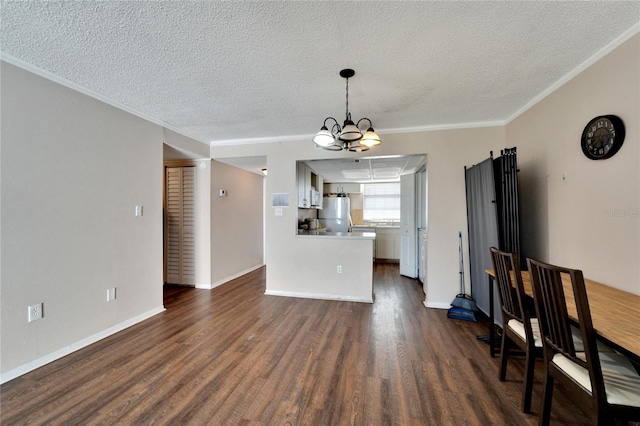 interior space with a textured ceiling, crown molding, and dark wood-type flooring