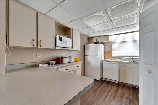 kitchen featuring a paneled ceiling, sink, white appliances, and dark wood-type flooring