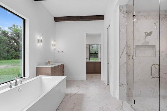 bathroom with baseboards, a freestanding bath, marble finish floor, a marble finish shower, and beam ceiling