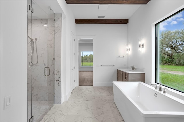 full bath with a marble finish shower, baseboards, beamed ceiling, marble finish floor, and a freestanding tub