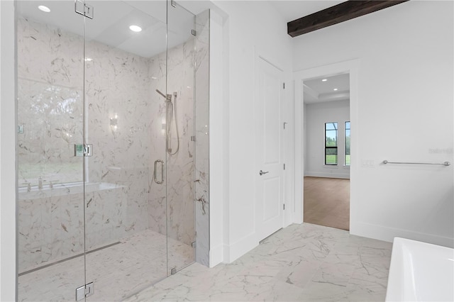 full bath with a marble finish shower, baseboards, beamed ceiling, marble finish floor, and recessed lighting