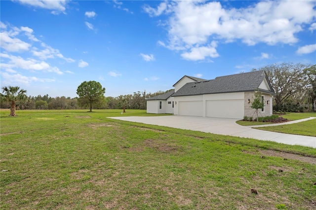 view of side of property with roof with shingles, brick siding, concrete driveway, a lawn, and an attached garage