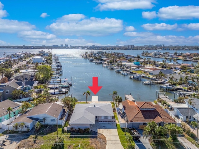 aerial view featuring a water view