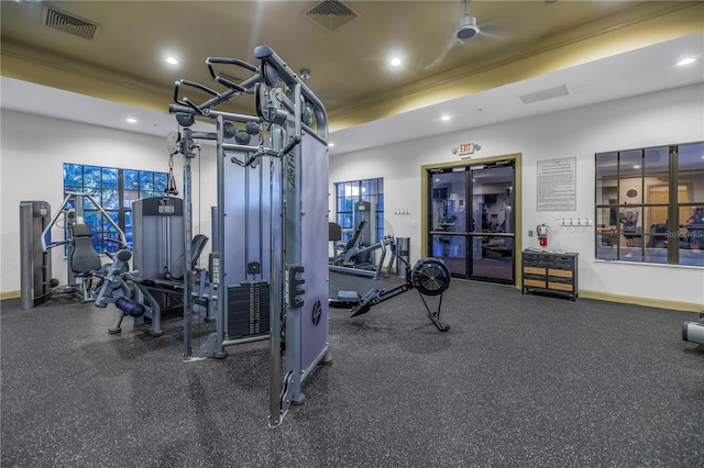 exercise room with a raised ceiling and ornamental molding