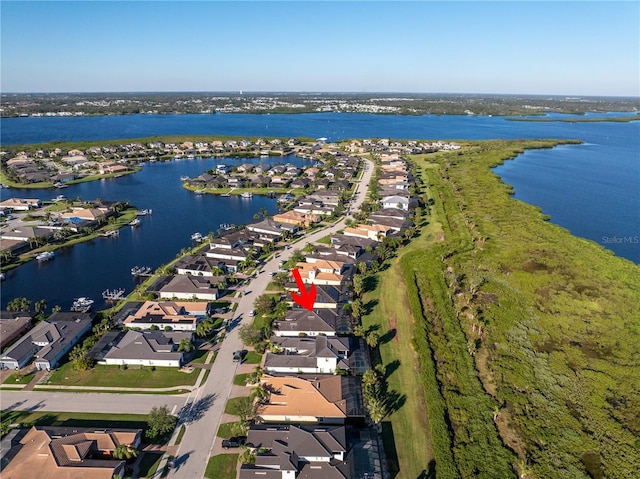 aerial view featuring a water view