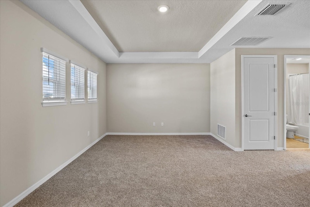 carpeted empty room featuring a textured ceiling and a tray ceiling