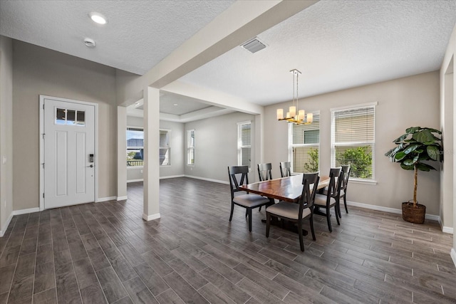 10551 Tranquil Meadow Loop, Riverview, FL 33569 - dining space featuring dark wood-style floors, baseboards, a textured ceiling, a chandelier, and recessed lighting