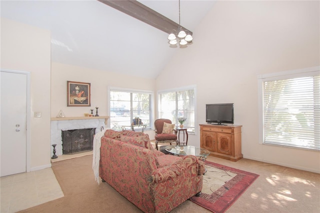 living room with light carpet, a high end fireplace, high vaulted ceiling, beamed ceiling, and a chandelier