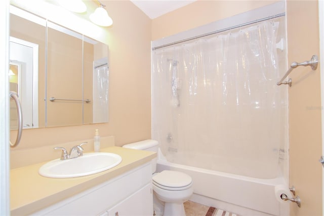 full bathroom with tile patterned flooring, vanity, toilet, and shower / bathtub combination with curtain