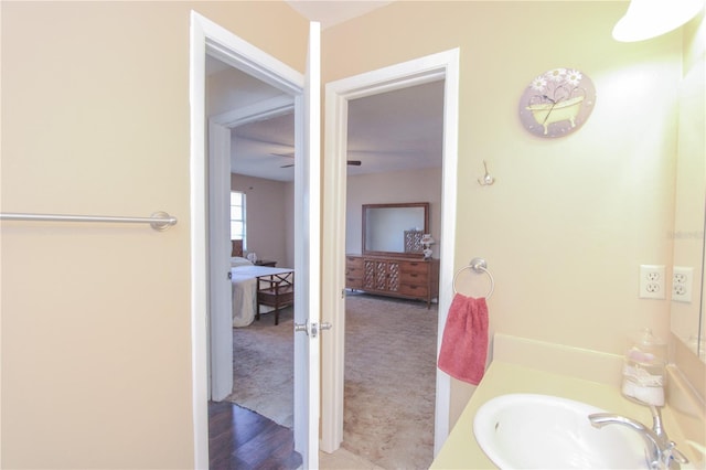 bathroom featuring hardwood / wood-style flooring and vanity