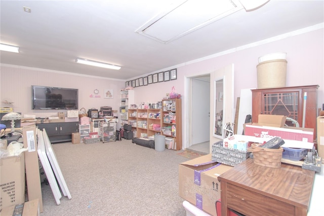 interior space with crown molding and light carpet