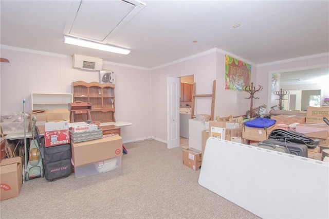 interior space with washer / dryer, light colored carpet, and ornamental molding