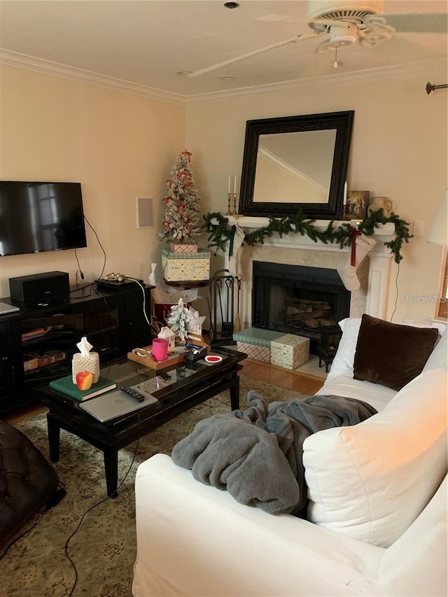 living room featuring crown molding