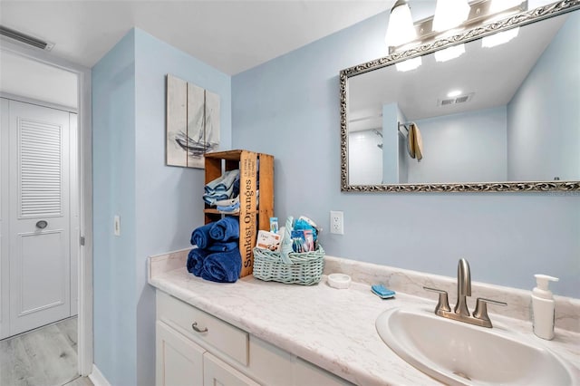 bathroom featuring vanity and wood-type flooring