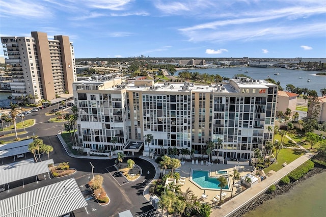 drone / aerial view featuring a water view