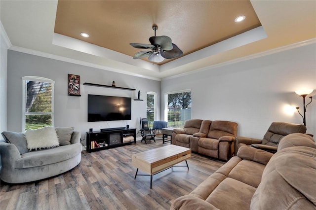 living room with hardwood / wood-style floors, a tray ceiling, ceiling fan, and ornamental molding