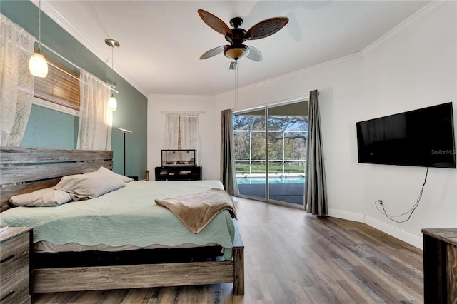 bedroom with hardwood / wood-style floors, access to outside, ceiling fan, and crown molding