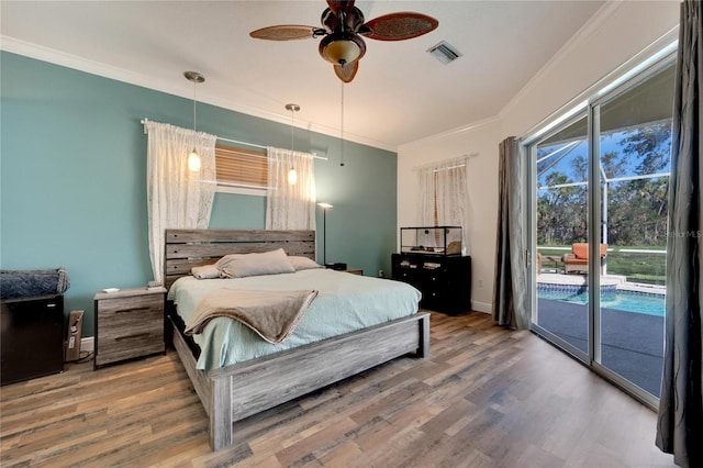 bedroom with wood-type flooring, access to outside, ceiling fan, and ornamental molding