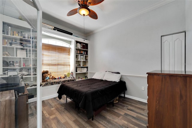 bedroom with ceiling fan, dark wood-type flooring, and ornamental molding