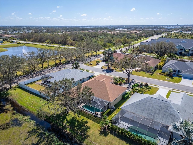 drone / aerial view featuring a water view