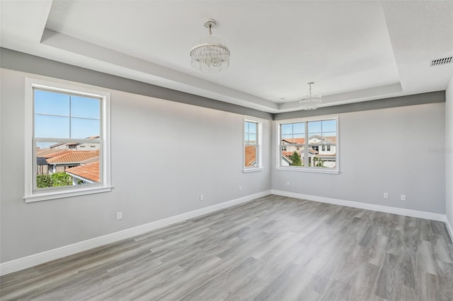 empty room with light hardwood / wood-style floors, a tray ceiling, a wealth of natural light, and an inviting chandelier