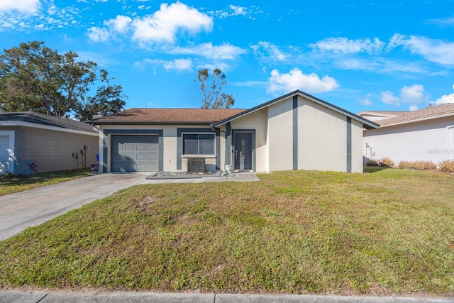 ranch-style house with a garage and a front lawn