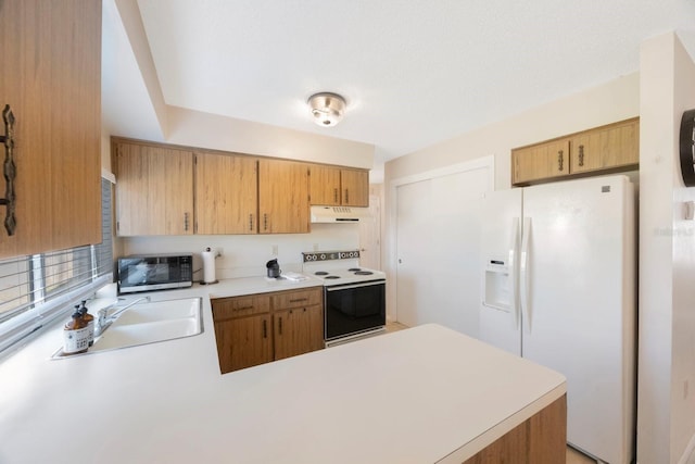 kitchen featuring kitchen peninsula, sink, and white appliances