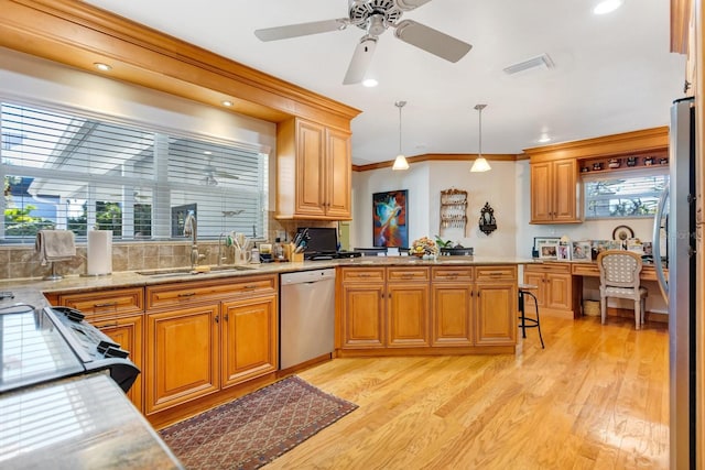 kitchen featuring pendant lighting, plenty of natural light, light wood-type flooring, and stainless steel appliances