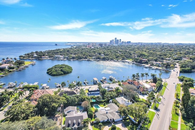 bird's eye view with a water view