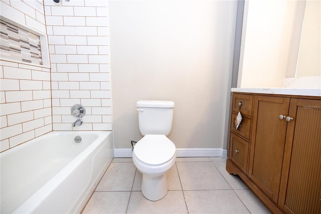 full bathroom featuring vanity, tiled shower / bath combo, tile patterned floors, and toilet