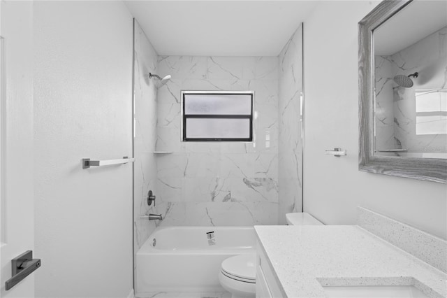 full bath with marble finish floor, toilet, shower / bath combination, and vanity