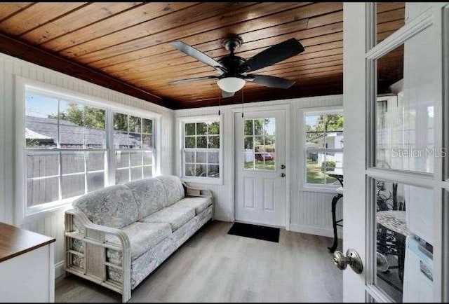 sunroom / solarium featuring ceiling fan and wooden ceiling