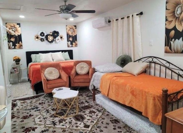 bedroom with a wall unit AC and ceiling fan