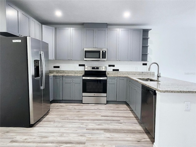 5714 Olive Dr, New Port Richey, FL 34652 - kitchen featuring stainless steel appliances, a sink, gray cabinetry, open shelves, and a peninsula