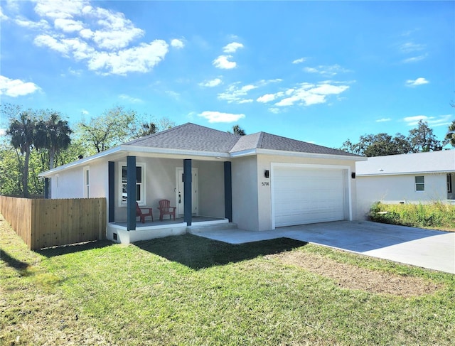 single story home featuring a front lawn, covered porch, fence, and an attached garage