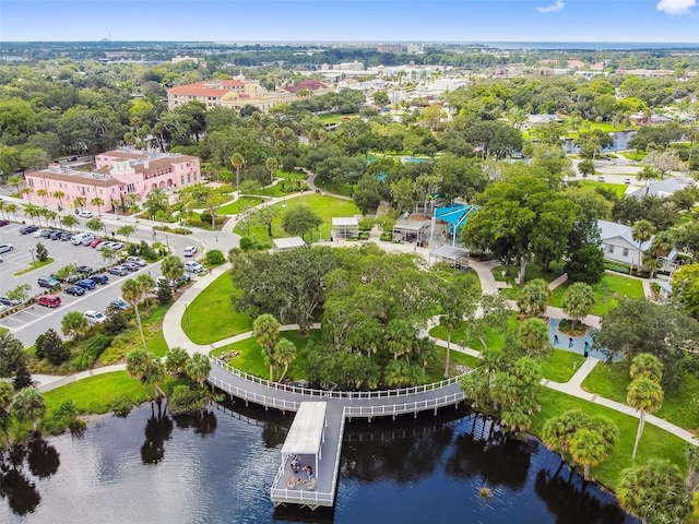 drone / aerial view with a water view