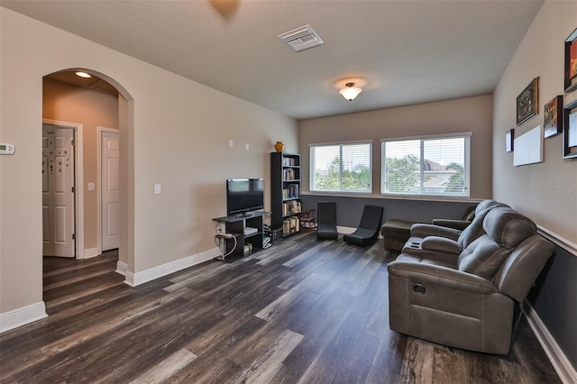 living room featuring dark wood-type flooring